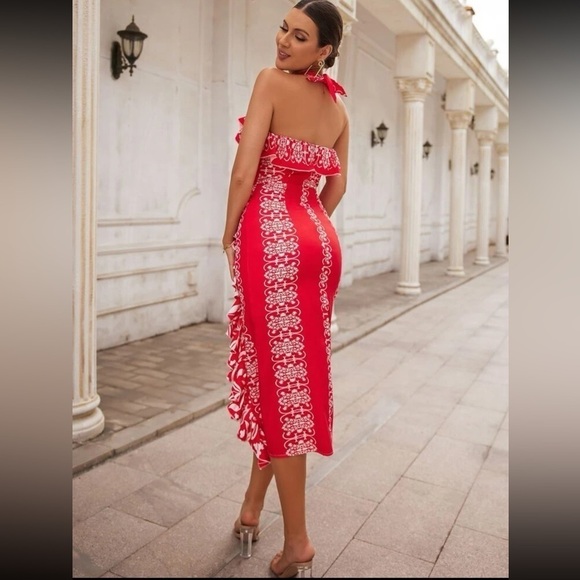 Hawaiian Elegant Tribal Backless Halter Midi Dress - Picture 3 of 6